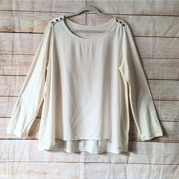 J.Jill Size 1X Button Shoulder Tee 3/4 Roll Tab Sleeve Scoop Neck Off White Top. - Picture 12 of 12